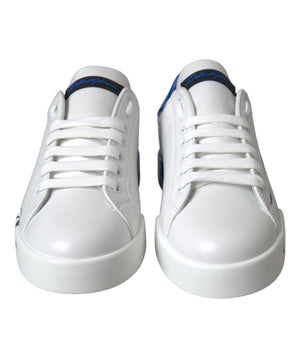 Dolce &amp; Gabbana White Blue Leather Logo Low Top Sneakers