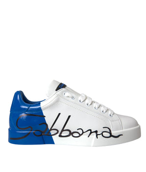 Dolce &amp; Gabbana White Blue Leather Logo Low Top Sneakers