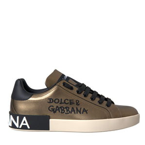 Dolce & Gabbana Gold Black Portofino Calf Leather Sneakers Shoes