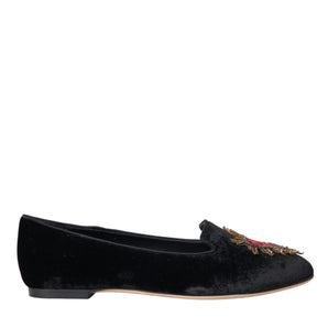 Dolce & Gabbana Black Velvet DG Heart Loafers Flats Shoes