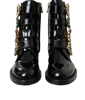 Dolce & Gabbana Black Leather Crystal Buckles Boots Shoes