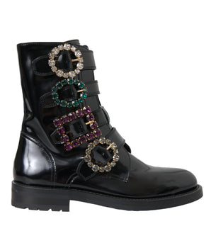 Dolce & Gabbana Black Leather Crystal Buckles Boots Shoes