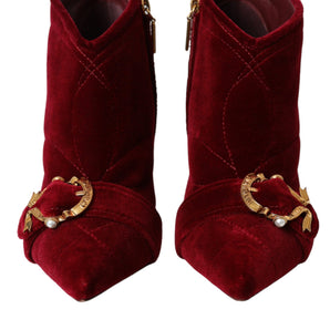 Dolce & Gabbana Dark Red Velvet Devotion Buckle Boots Shoes