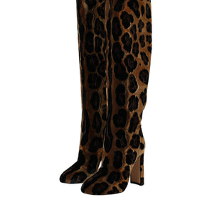 Dolce & Gabbana Brown Giraffe Velvet Leather Boots Shoes