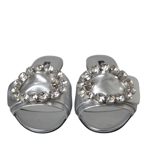 Dolce & Gabbana Silver Crystal Leather Flats Sandals Shoes