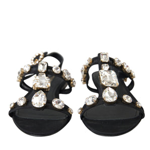 Dolce & Gabbana Black Leather Crystal Flats Sandals Shoes