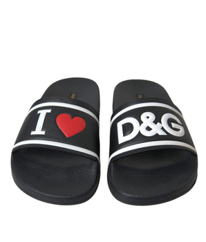 Dolce & Gabbana Black Leather I Love D&G Sandals Slides Shoes