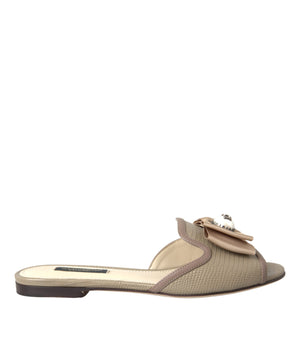 Dolce & Gabbana Beige Logo Pearl Flats Sandals Slides Shoes