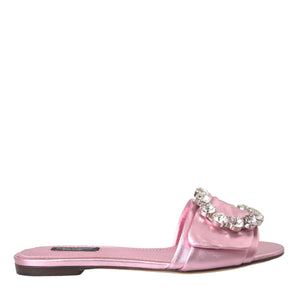 Dolce & Gabbana Pink Crystal Leather Flats Sandals Shoes