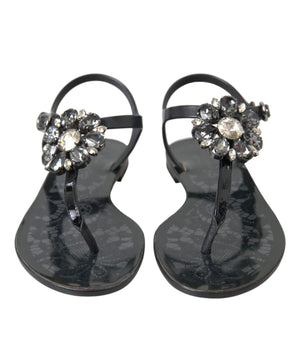 Dolce & Gabbana Black Crystal Flats Sandals Flip Flops Shoes