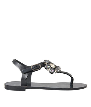 Dolce & Gabbana Black Crystal Flats Sandals Flip Flops Shoes