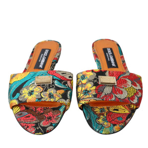 Dolce & Gabbana Multicolor Floral Brocade Logo Flats Sandals Shoes