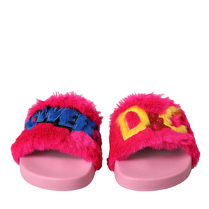 Dolce & Gabbana Multicolor Embroidered Fur Slides Sandals Shoes