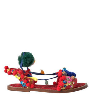Dolce & Gabbana Multicolor Pom Pom Fur Wrap Sandals Shoes