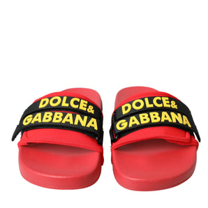 Dolce & Gabbana Red Black Logo Beachwear Flats Sandals Shoes