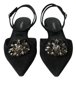 Dolce & Gabbana Black Leather Crystal Slingback Sandals Shoes