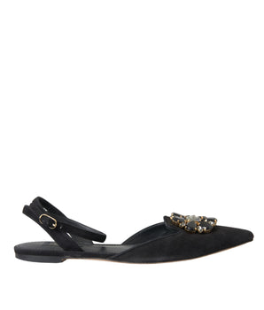 Dolce & Gabbana Black Leather Crystal Slingback Sandals Shoes