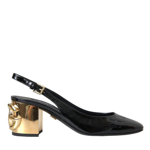 Dolce & Gabbana Black Gold Leather Embellished Slingbacks Shoes