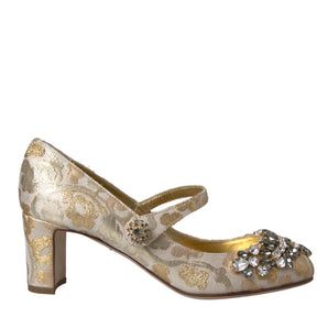 Dolce & Gabbana Gold Jacquard Crystal Mary Janes Pumps Shoes