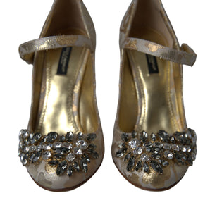 Dolce & Gabbana Gold Jacquard Crystal Mary Janes Pumps Shoes