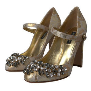 Dolce & Gabbana Gold Jacquard Crystal Mary Janes Pumps Shoes