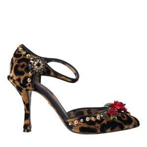 Dolce & Gabbana Brown Leopard Floral Crystal Mary Janes Pumps Shoes