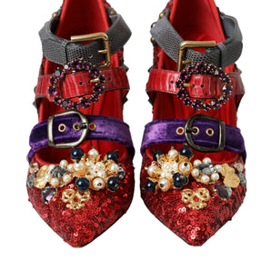 Dolce & Gabbana Red Sequined Crystal Mary Janes Pumps Shoes