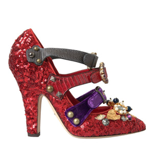 Dolce & Gabbana Red Sequined Crystal Mary Janes Pumps Shoes