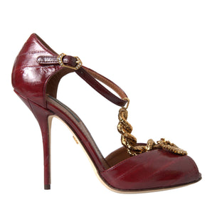 Dolce & Gabbana Dark Red Leather Gold Devotion Heart Sandals Shoes