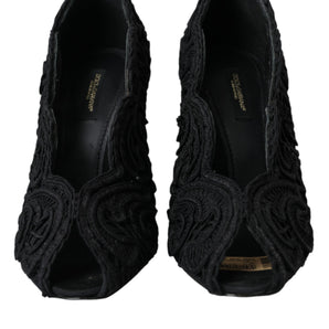 Dolce & Gabbana Black Cordonetto Ricamo Pump Open Toe Shoes