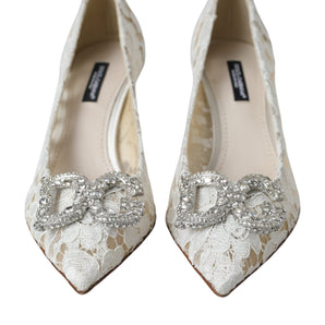 Dolce & Gabbana White Floral Lace DG Crystal Pumps Shoes