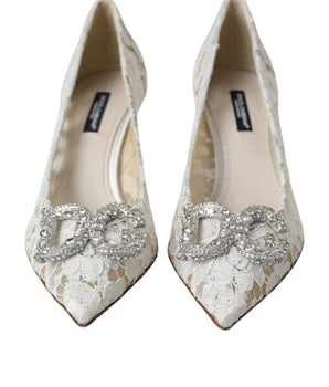Dolce &amp; Gabbana White Floral Lace DG Crystal Pumps Shoes