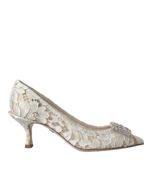 Dolce &amp; Gabbana White Floral Lace DG Crystal Pumps Shoes