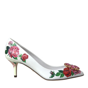 Dolce & Gabbana White Leather Roses Crystal Bellucci Pumps Shoes