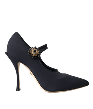 Dolce & Gabbana Black Mary Jane Jersey Crystal Pumps Shoes