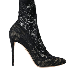 Dolce & Gabbana Black Stretch Taormina Lace Boots Shoes