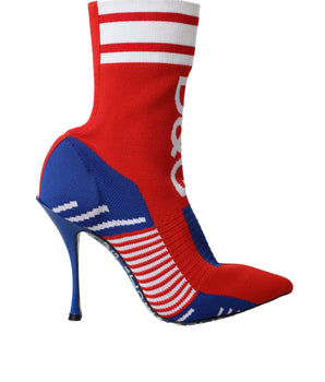 Dolce & Gabbana Red Blue Stretch Sock Style Short Boots Logo Shoes