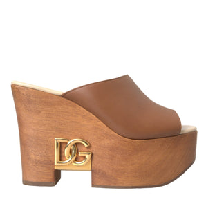 Dolce & Gabbana Brown Leather Wood Mules Wedge Slides Shoes