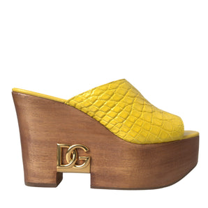 Dolce & Gabbana Yellow Leather Wood Mule Wedge Slides Shoes