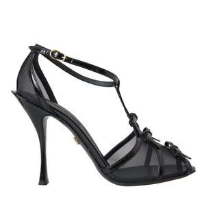 Dolce & Gabbana Black Mesh T-strap Heels Sandals Shoes