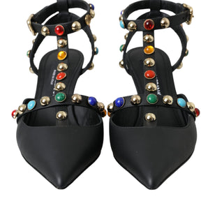 Dolce & Gabbana Black Leather Embellished Heels Sandal Shoes