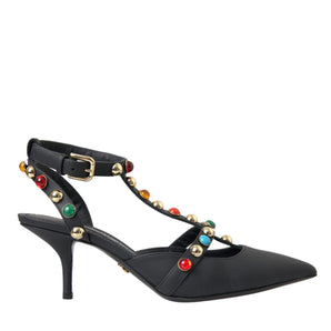 Dolce & Gabbana Black Leather Embellished Heels Sandal Shoes