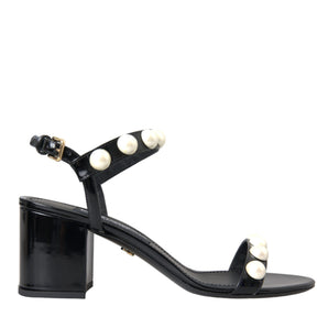 Dolce & Gabbana Black Leather Faux Pearl Heel Sandals Shoes