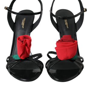 Dolce & Gabbana Black Leather Rose Ankle Strap Heels Sandals Shoes