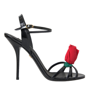 Dolce & Gabbana Black Leather Rose Ankle Strap Heels Sandals Shoes