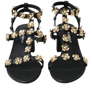 Dolce & Gabbana Black Leather Embellished Heel Sandal Shoes