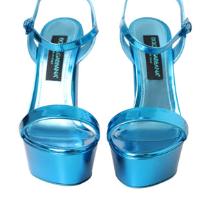 Dolce & Gabbana Metallic Blue Leather Platform Sandals Shoes