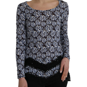 Just Cavalli Blue Floral Lace Long Sleeves Top Underwear Blouse