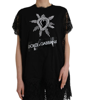 Dolce &amp; Gabbana Camiseta negra de encaje de algodón con estampado del Sagrado Corazón