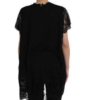 Dolce &amp; Gabbana Camiseta negra de encaje de algodón con estampado del Sagrado Corazón